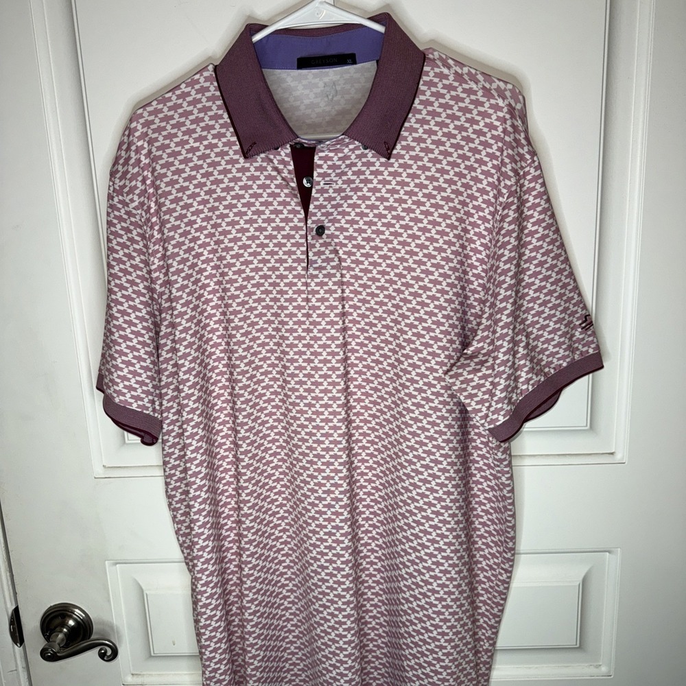 Greyson Men's Golf Polo Shirt XL White/Pink with Wolf Print on Back